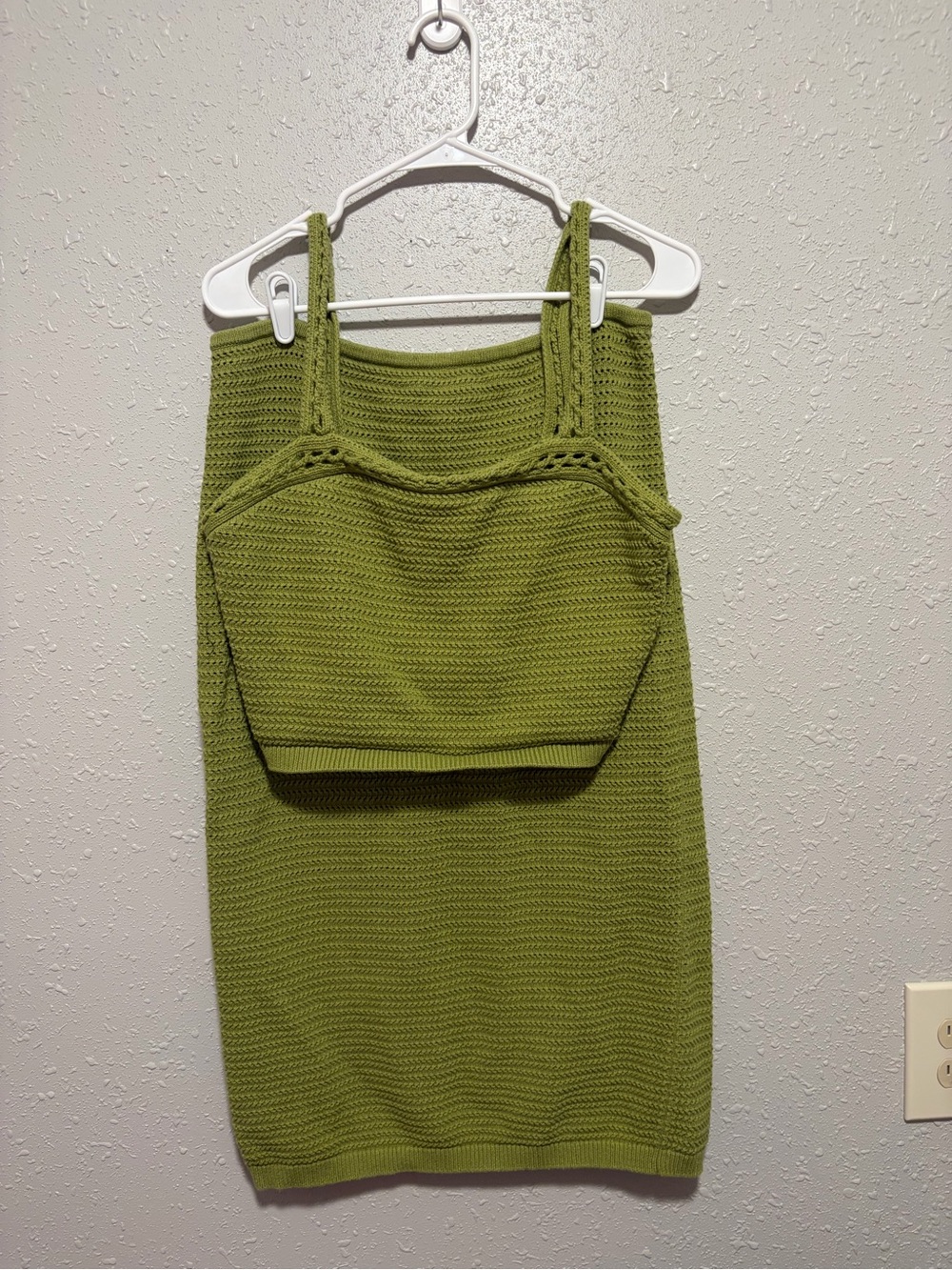 Rachel Zoe Large Olive Green Boho Beachy Knit Pencil Skirt & Crop Top Set